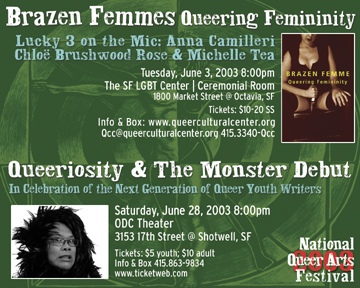 Brazen Femmes Queering Femininity-Anna Camilleri, Chloe Brushwood Rose & Michelle Tea w/ Queeriosity & the Monster Debut